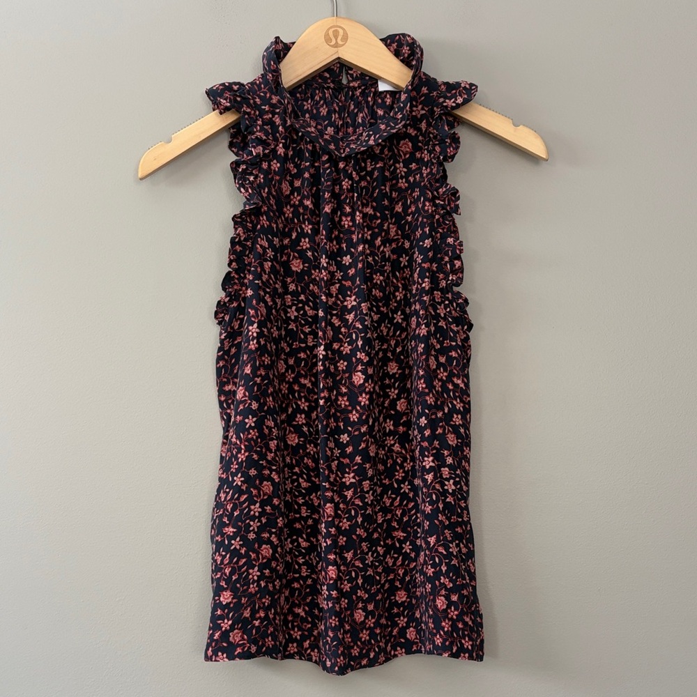Frame Flounce Sleeveless‎ Floral Silk Top Ruffle Trim Medium Navy Coral Peach